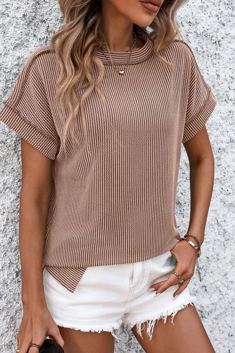 Striped Round Neck Short Sleeve T-Shirt Womens T-shirt Camel S 