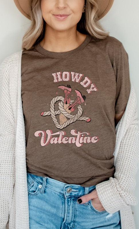 Howdy Valentine Cowboy Boots Graphic Tee T- Shirt Heather Brown S 