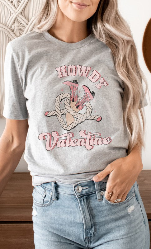 Howdy Valentine Cowboy Boots Graphic Tee T- Shirt Athletic Heather S 