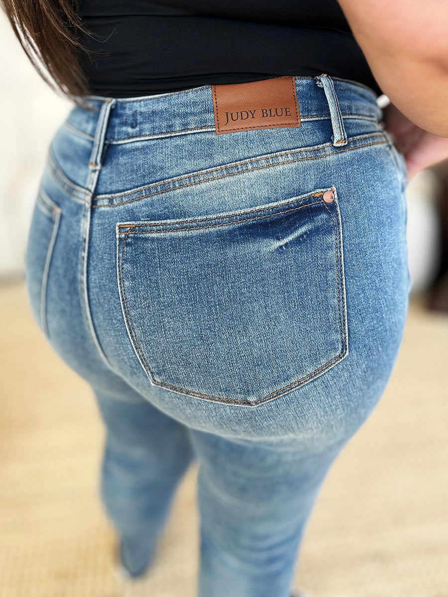Judy Blue Mid Rise Rigid Magic Release Hem Jeans - Three Mad Hatters Mercantile 