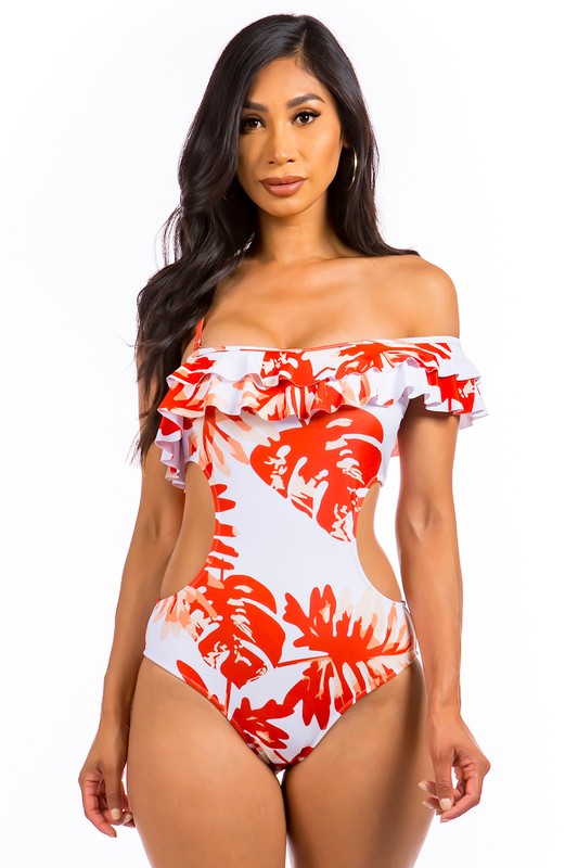 OPEN SIDED ONE PIECE BATHING SUIT WITH RUFFLED SHO    