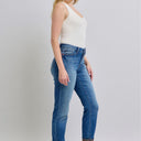 Judy Blue Full Size Plaid Print Cuff Straight Leg Jeans with Pockets