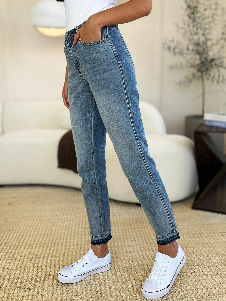 Judy Blue Mid Rise Rigid Magic Release Hem Jeans - Three Mad Hatters Mercantile 