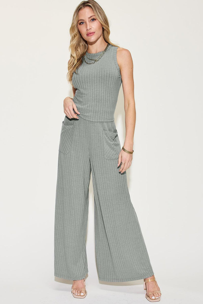 Basic Bae Full Size Ribbed Tank and Wide Leg Pants Set - Three Mad Hatters Mercantile 