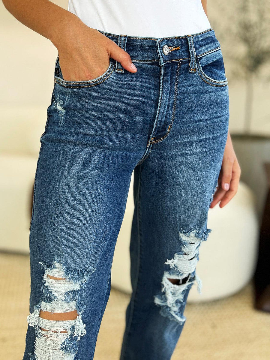 Judy Blue Full Size Mid Rise Distressed Raw Hem Jeans - Three Mad Hatters Mercantile 