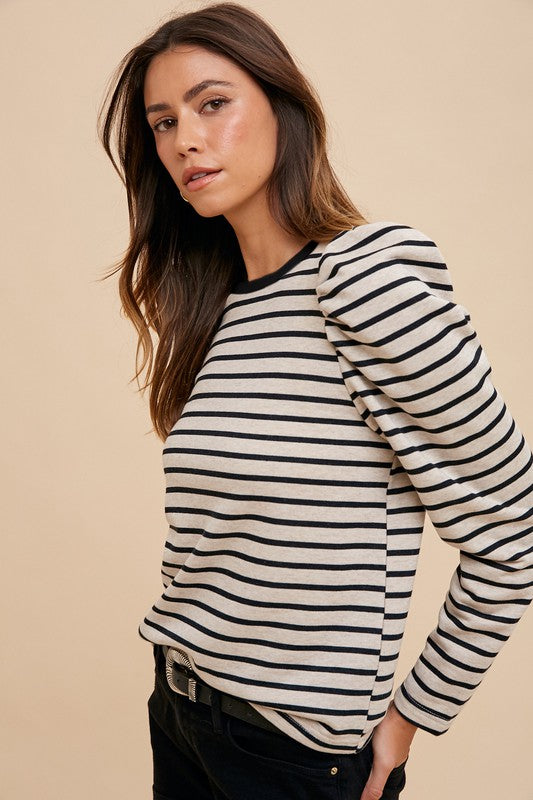 Annie Wear Striped Round Neck Puff Sleeve French Terry Top Womens Long Sleeve Top