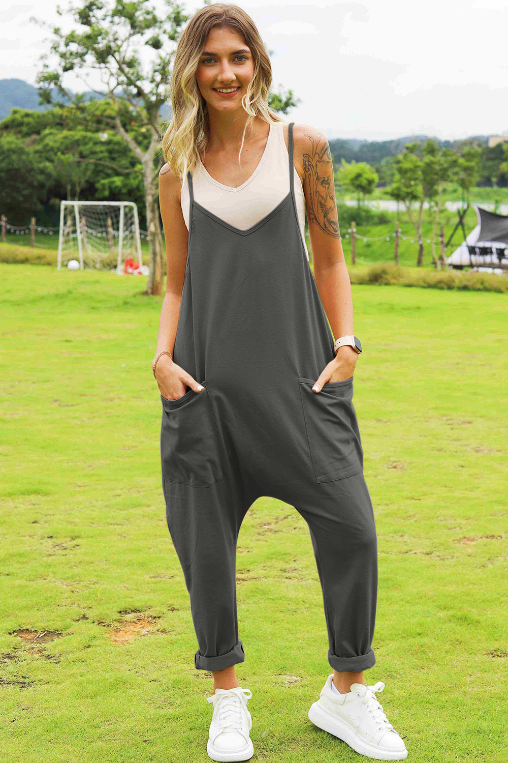 Double Take Full Size Sleeveless V-Neck Pocketed Jumpsuit Womens Overalls   