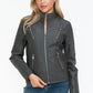 Snobbish Faux Leather Zip Up Mock Neck Jacket Womens Jacket