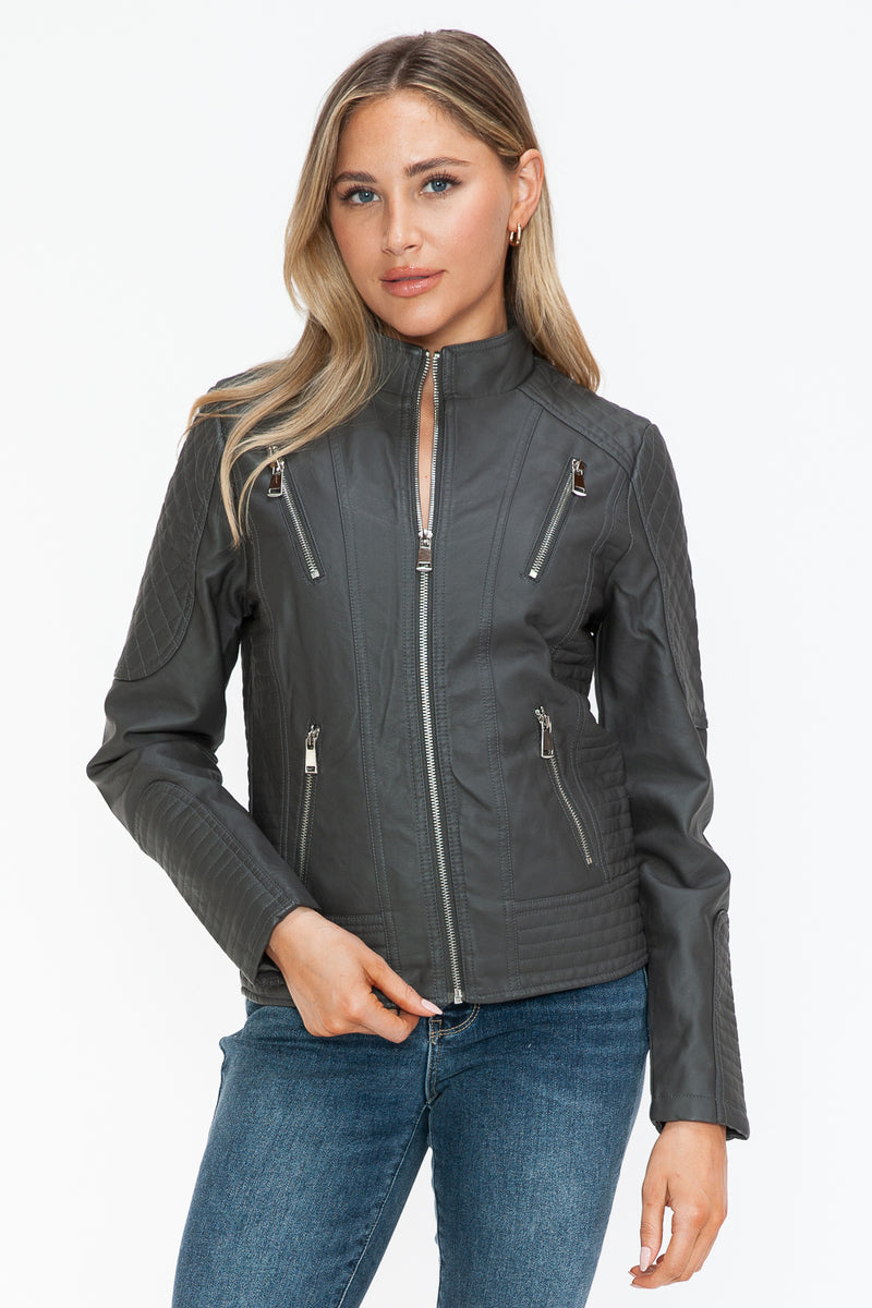 Snobbish Faux Leather Zip Up Mock Neck Jacket Womens Jacket