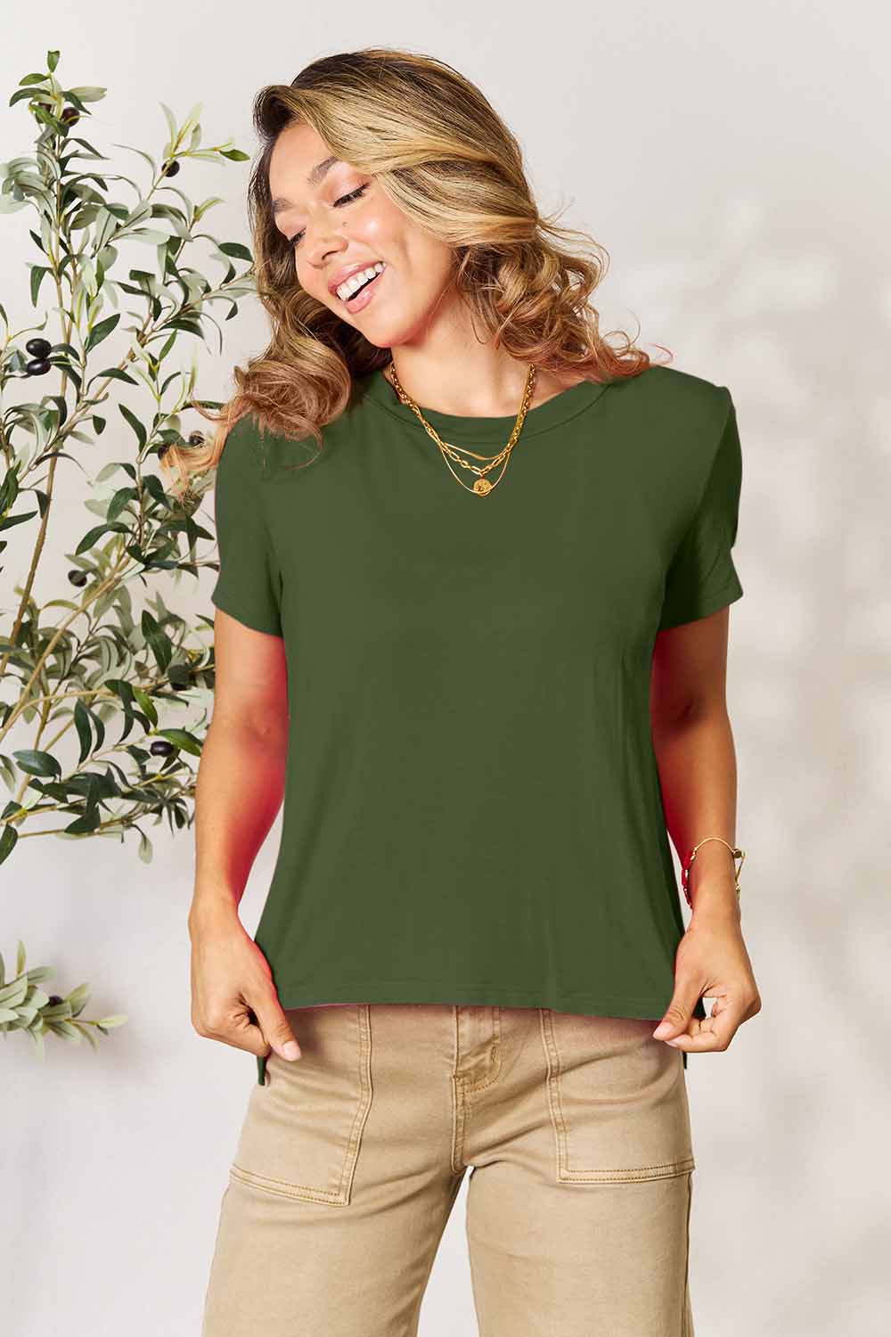 Basic Bae Full Size Round Neck Short Sleeve T-Shirt Womens T-shirt Matcha Green S 