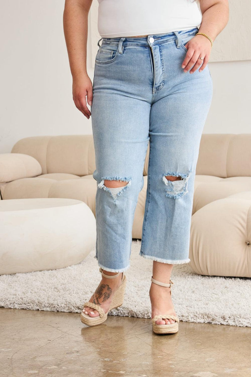 RFM Tummy Control High Waist Raw Hem Distressed Jeans - Three Mad Hatters Mercantile 