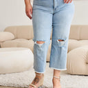 RFM Tummy Control High Waist Raw Hem Distressed Jeans