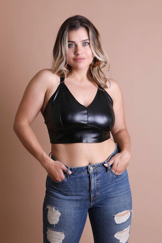 Faux Leather Longline Bralette Plus Size - Three Mad Hatters Mercantile 