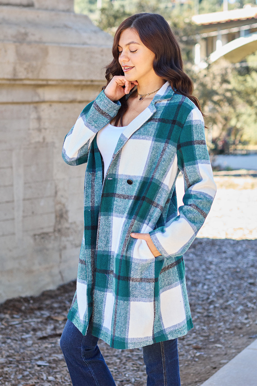 Double Take Plaid Button Up Lapel Collar Coat Womens Plaid Lapel Collar Coat