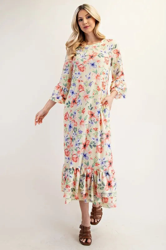 Celeste Soft Floral Ruffle Trim Dress Plus Size Womens Midi Dress YELLOW FLORAL S