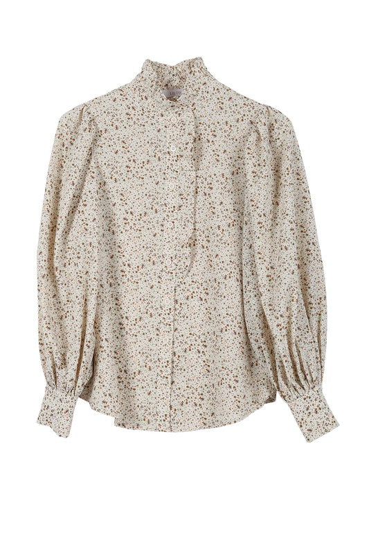 Stand collar floral frill blouse Long Sleeve Blouse   