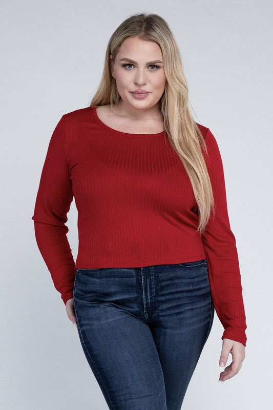 Plus Classic Ribbed Round Neck Long Sleeve Long Sleeve Shirt Deep Red 1X 