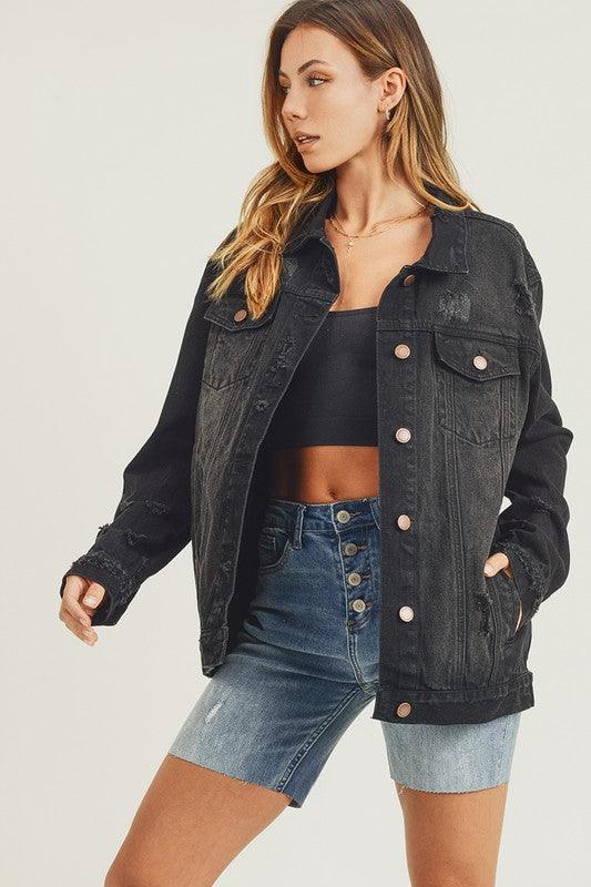 RISEN Distressed Long Sleeve Denim Jacket - Three Mad Hatters Mercantile 