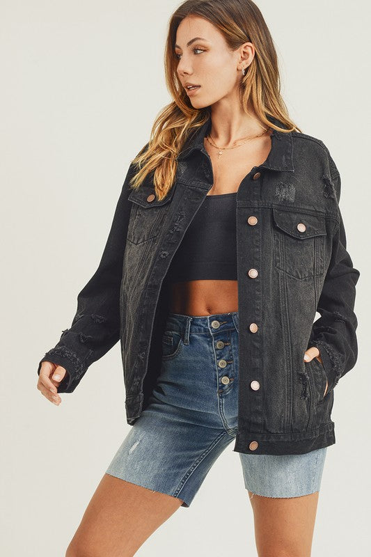 RISEN Distressed Long Sleeve Denim Jacket Womens Jacket