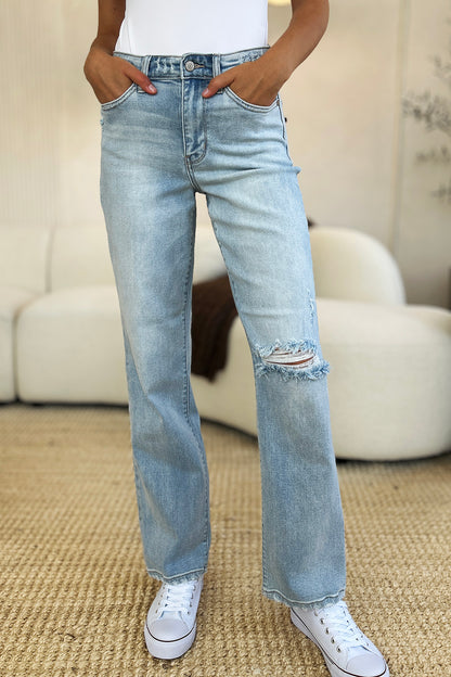 Judy Blue Full Size High Waist Distressed Straight Jeans Womens Straight Leg Jeans Light 0(24) 