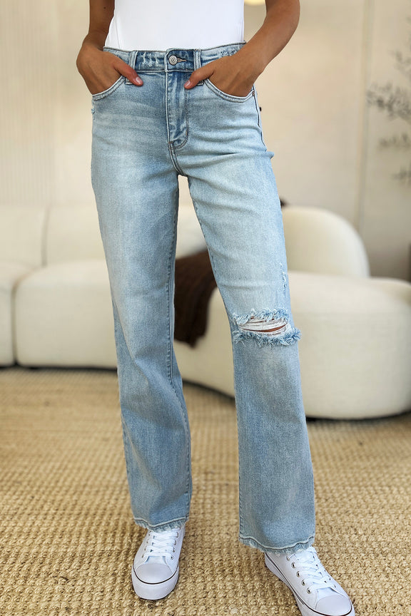 Judy Blue Full Size High Waist Distressed Straight Jeans Womens Straight Leg Jeans Light 0(24) 