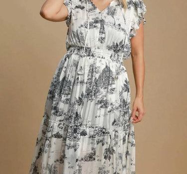 Umgee Two Tone Landscape Print Midi Dress Plus Size