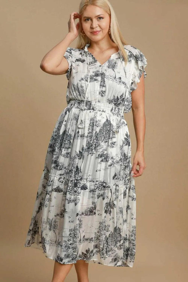 Umgee Two Tone Landscape Print Midi Dress Plus Size - Three Mad Hatters Mercantile 