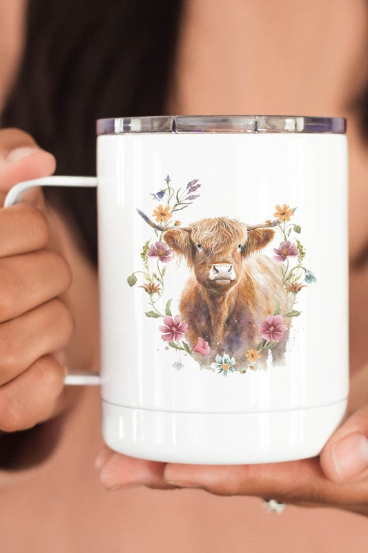 Highland Cow Floral Stainless Steel Travel Cup  WHITE OS 