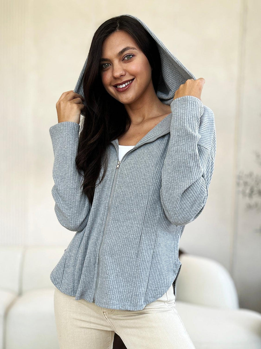 Culture Code Full Size Ribbed Zip Up Drawstring Hooded Jacket - Three Mad Hatters Mercantile 