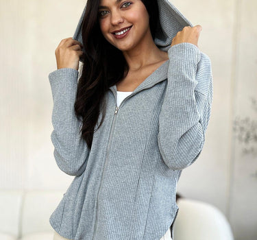 Culture Code Full Size Ribbed Zip Up Drawstring Hooded Jacket