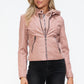 Snobbish Faux Leather Zip Up Drawstring Hooded Jacket Womens Jacket