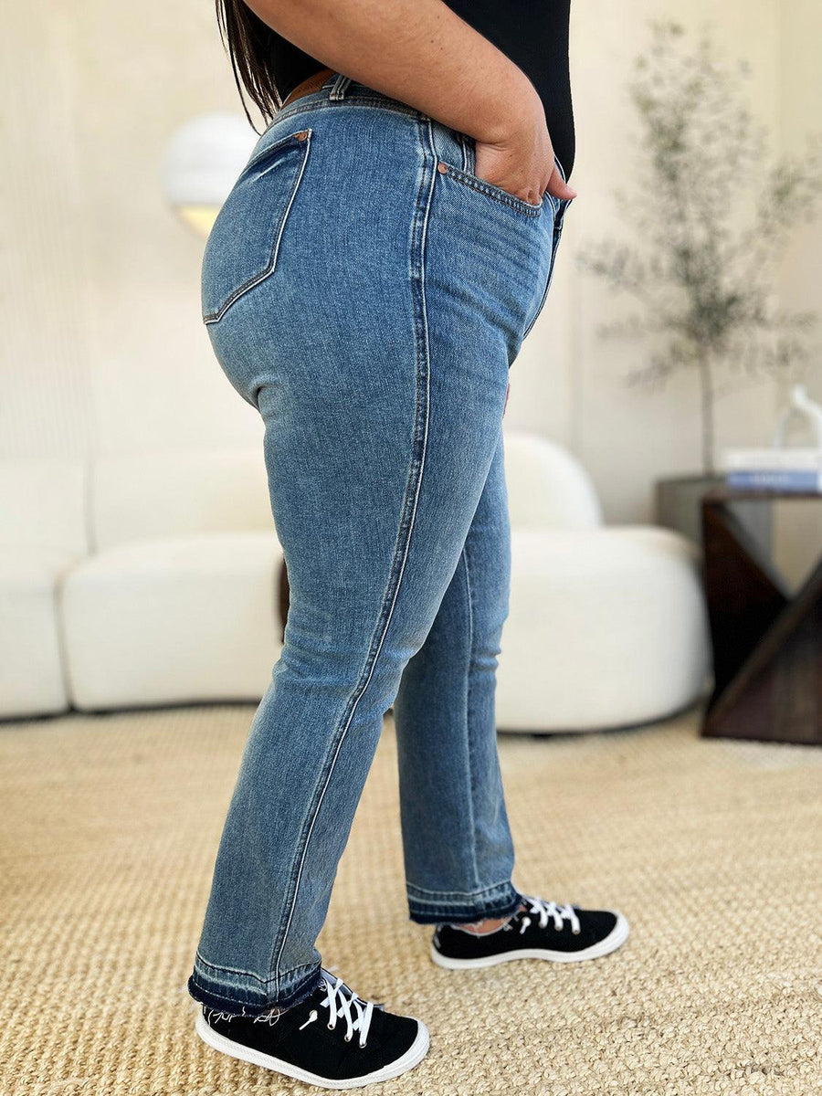 Judy Blue Mid Rise Rigid Magic Release Hem Jeans - Three Mad Hatters Mercantile 