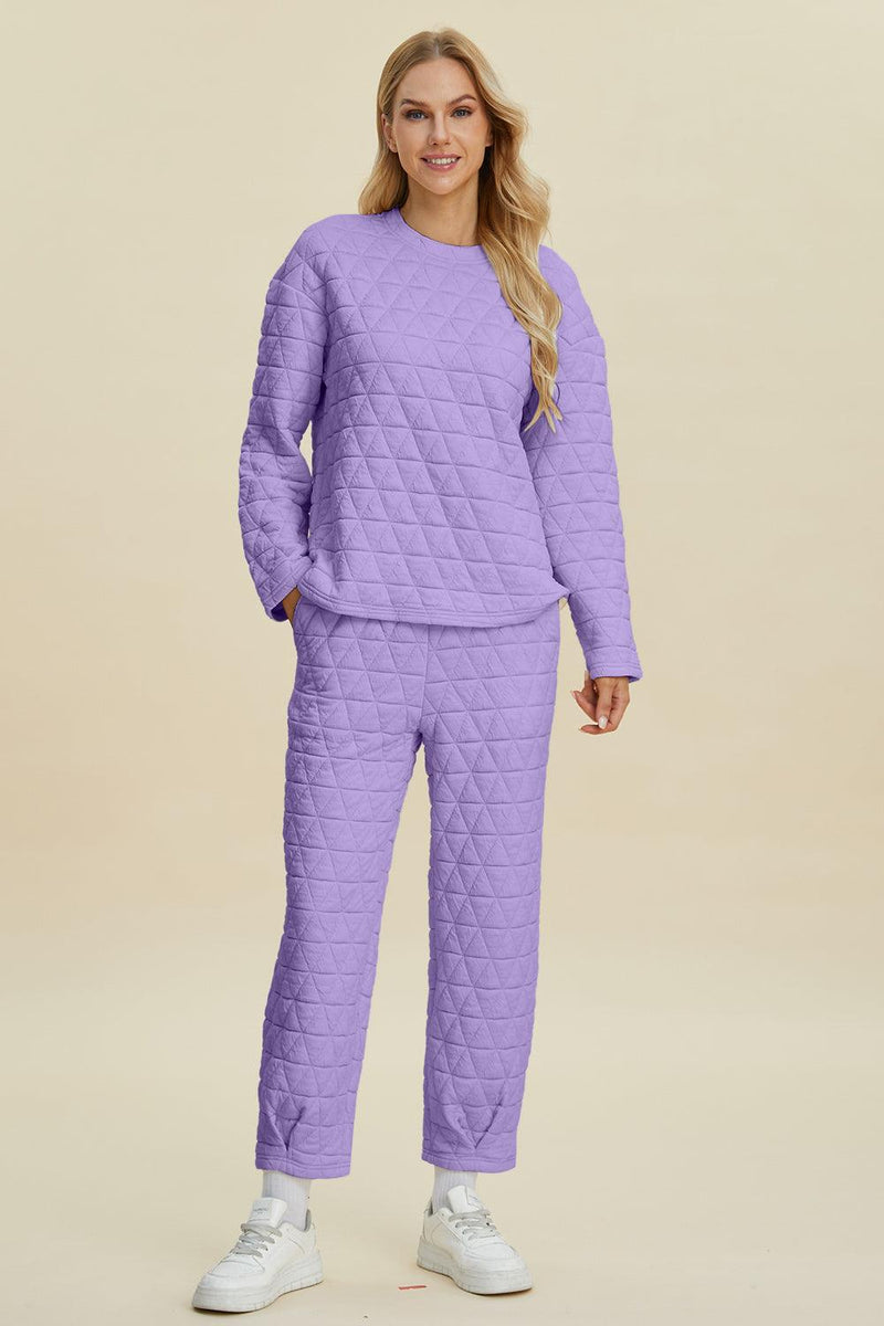 Double Take Textured Long Sleeve Top and Pants Set - Three Mad Hatters Mercantile 