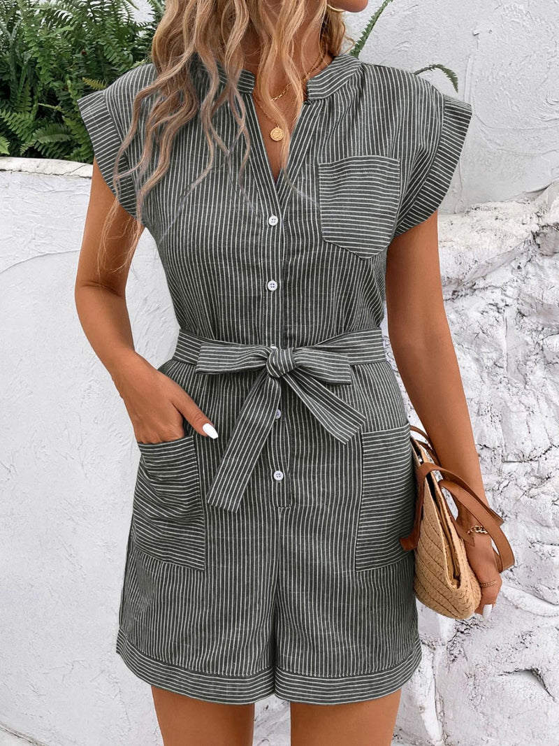 Striped Notched Tie Waist Romper    