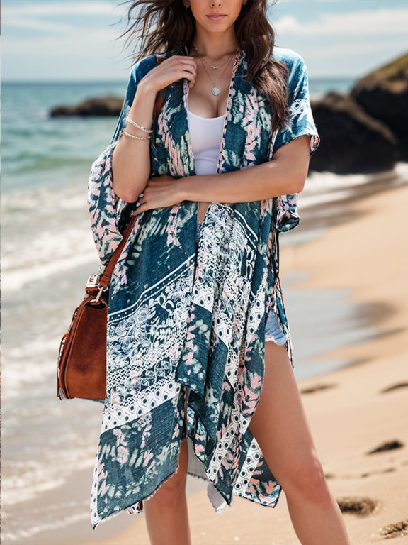 Printed Open Front Cover-Up  Indigo One Size 