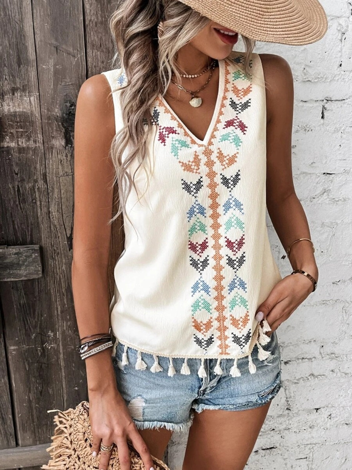 Printed V-Neck Tank w Tassels Womens Tank Tops   