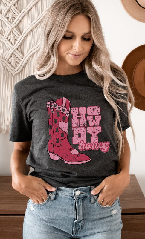 Howdy Honey XOXO Boots Valentines Graphic Tee Womens Graphic T-shirt Heather Charcoal S 