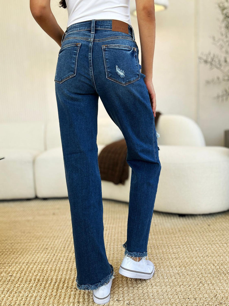 Judy Blue Full Size Mid Rise Distressed Raw Hem Jeans - Three Mad Hatters Mercantile 