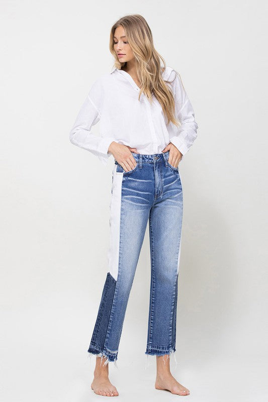 Super HIgh RIse Straight W/Side Blocking Panel Straight Leg Jeans   