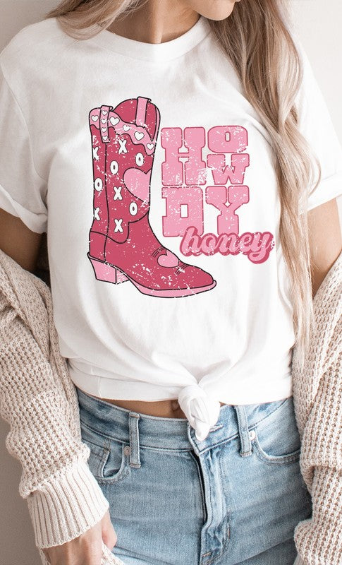 Howdy Honey XOXO Boots Valentines Graphic Tee Womens Graphic T-shirt White S 