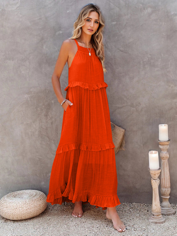 Ruffled Sleeveless Tiered Maxi Dress with Pockets    