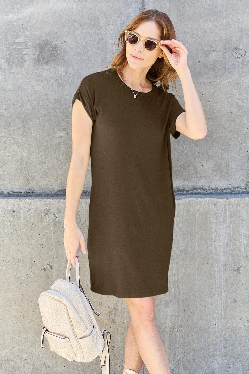 Basic Bae Full Size Round Neck Short Sleeve Dress with Pockets - Three Mad Hatters Mercantile 