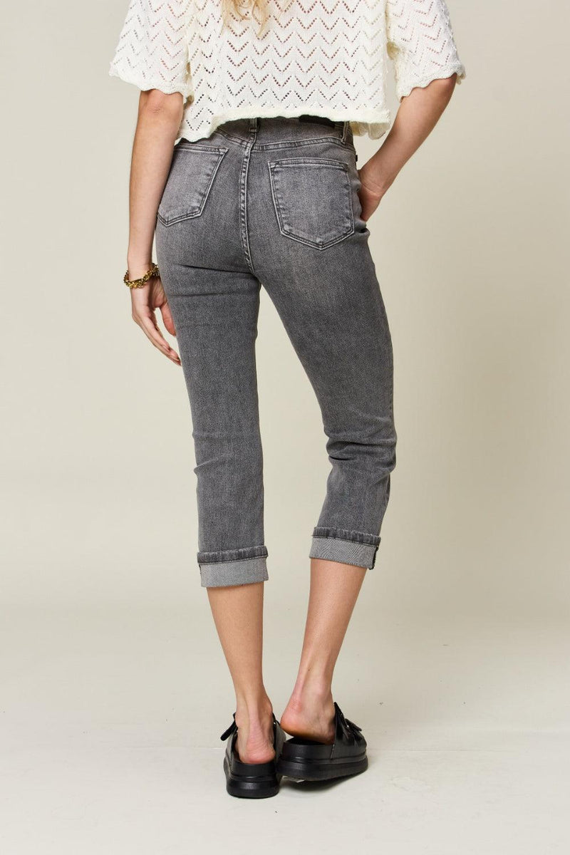 Judy Blue Button Fly High Waist Cuffed Capris - Three Mad Hatters Mercantile 