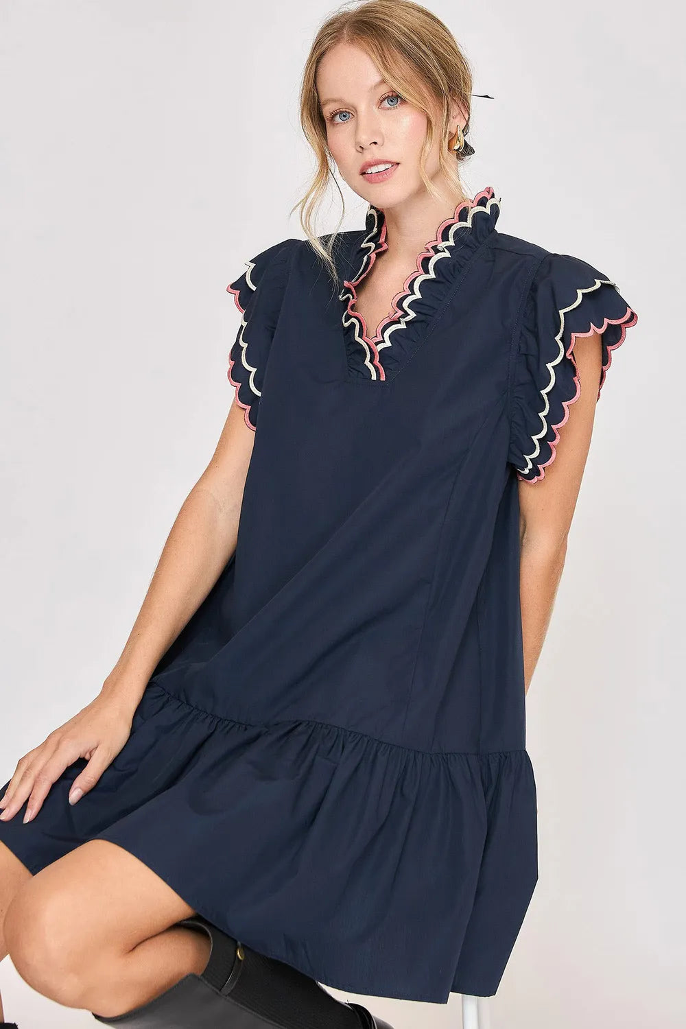 Umgee Ruffled Scalloped Sleeved Dress Plus Size Womens Mini Dress Dark Navy S