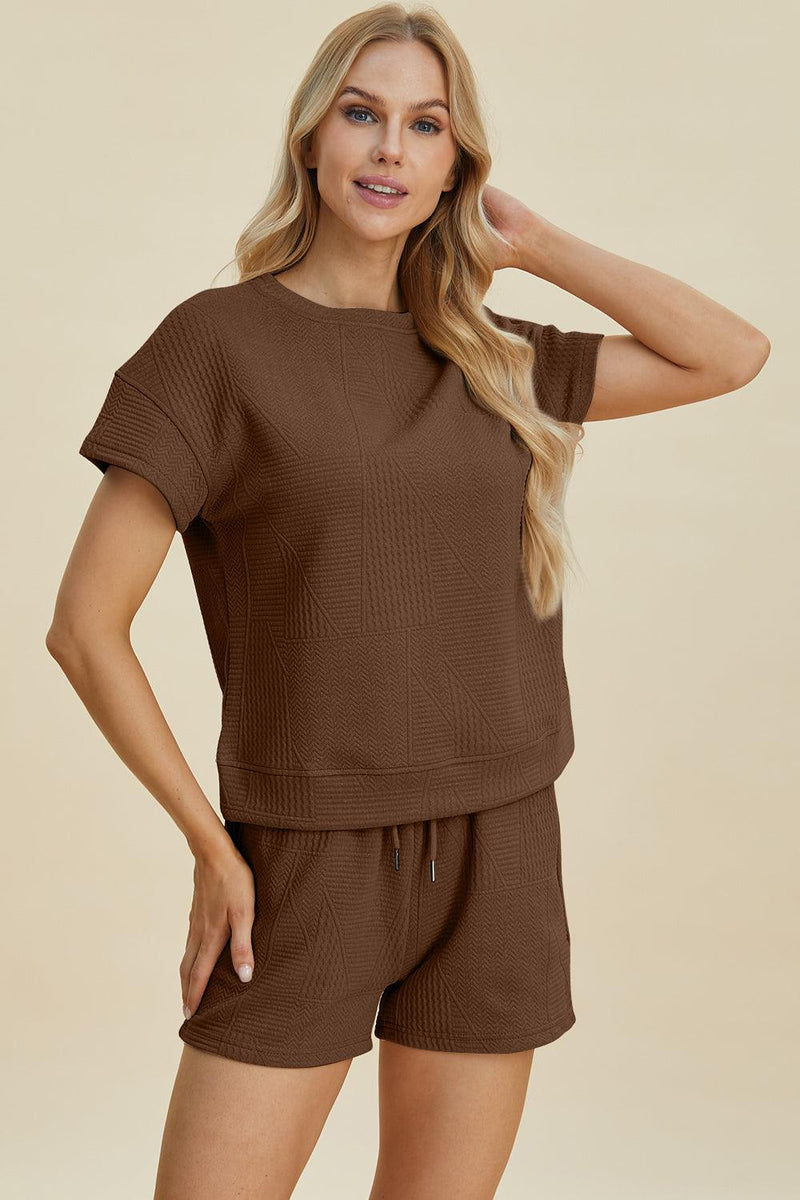 Double Take Full Size Texture Short Sleeve Top and Shorts Set - Three Mad Hatters Mercantile 