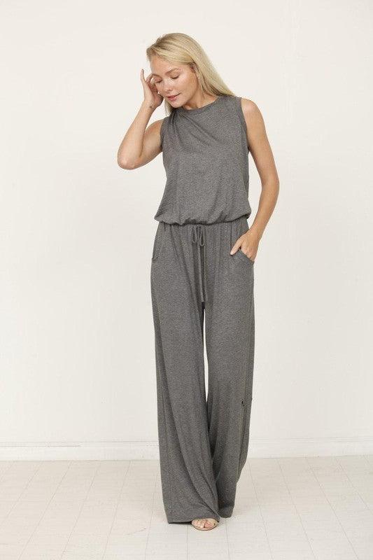 plus solid draw string pocket jumpsuit - Three Mad Hatters Mercantile 