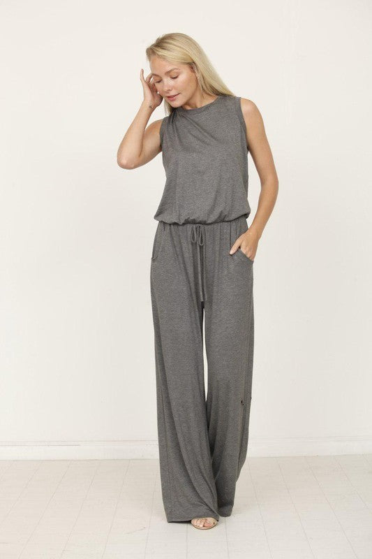 plus solid draw string pocket jumpsuit Jumpsuit Charcoal 2X 