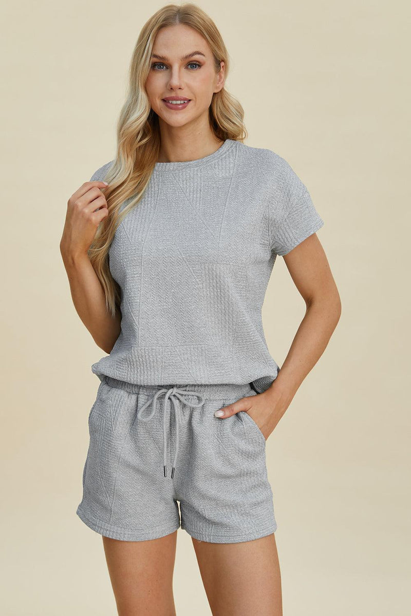Double Take Full Size Texture Short Sleeve Top and Shorts Set - Three Mad Hatters Mercantile 