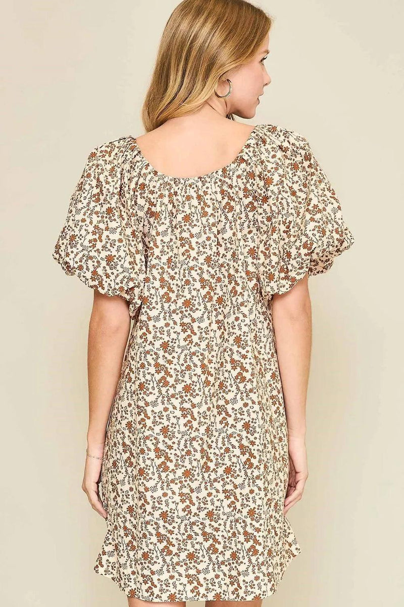 Umgee Lace Tape Drawstring Floral Puff Sleeve Mini Dress Plus Size - Three Mad Hatters Mercantile 
