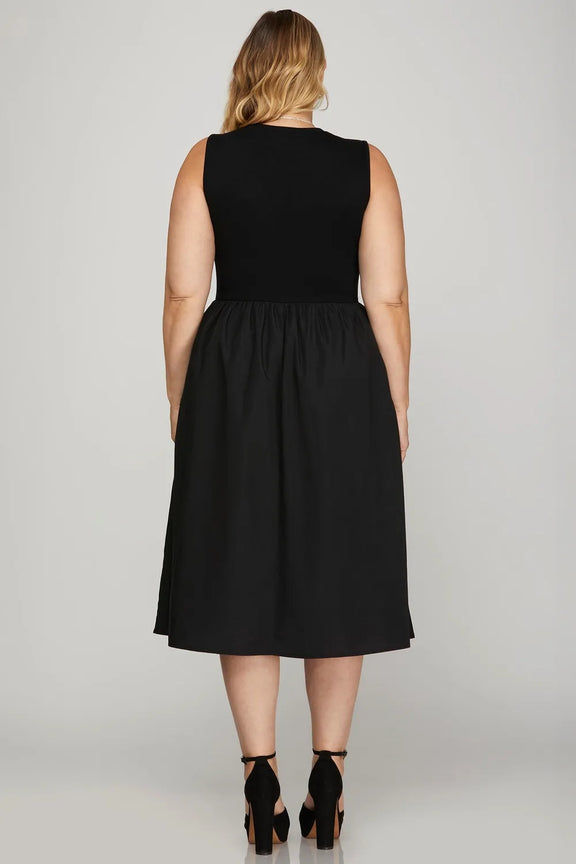 She + Sky Full Size Sleeveless Poplin Woven Midi Dress with Pockets Plus Size Womens Midi Dress